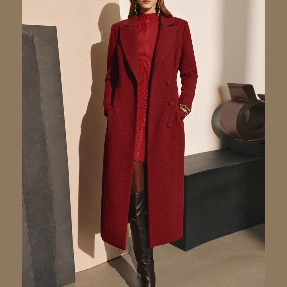 Burgundy Red Double Breasted Peak Lapel Long Coat